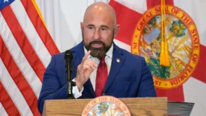 Lt. Gov. Jay Collins speaks to reporters during Florida's 2026 gubernatorial campaign.