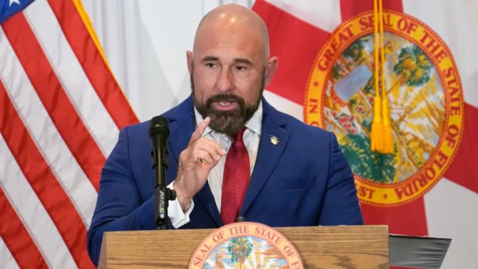 jay-collins-desantis-team-2026 Lt. Gov. Jay Collins speaks to reporters during Florida's 2026 gubernatorial campaign.