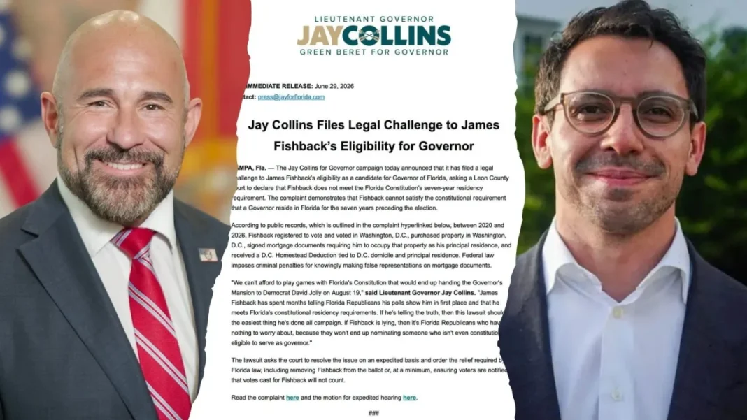 Lt. Gov. Jay Collins and gubernatorial candidate James Fishback are pictured alongside the legal challenge filed over Fishback's eligibility to run for Florida governor.