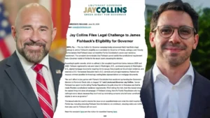 Lt. Gov. Jay Collins and gubernatorial candidate James Fishback are pictured alongside the legal challenge filed over Fishback's eligibility to run for Florida governor.