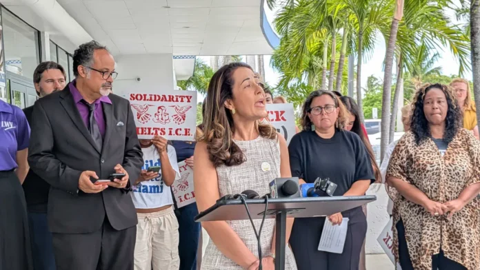 miami-commission-ice-partnership-pressure Immigration advocates speak outside Miami City Hall while urging city officials to end Miami’s partnership with ICE.
