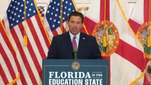 Gov. Ron DeSantis speaks during a public event as a federal appeals court rules against key provisions of Florida's Stop WOKE Act.
