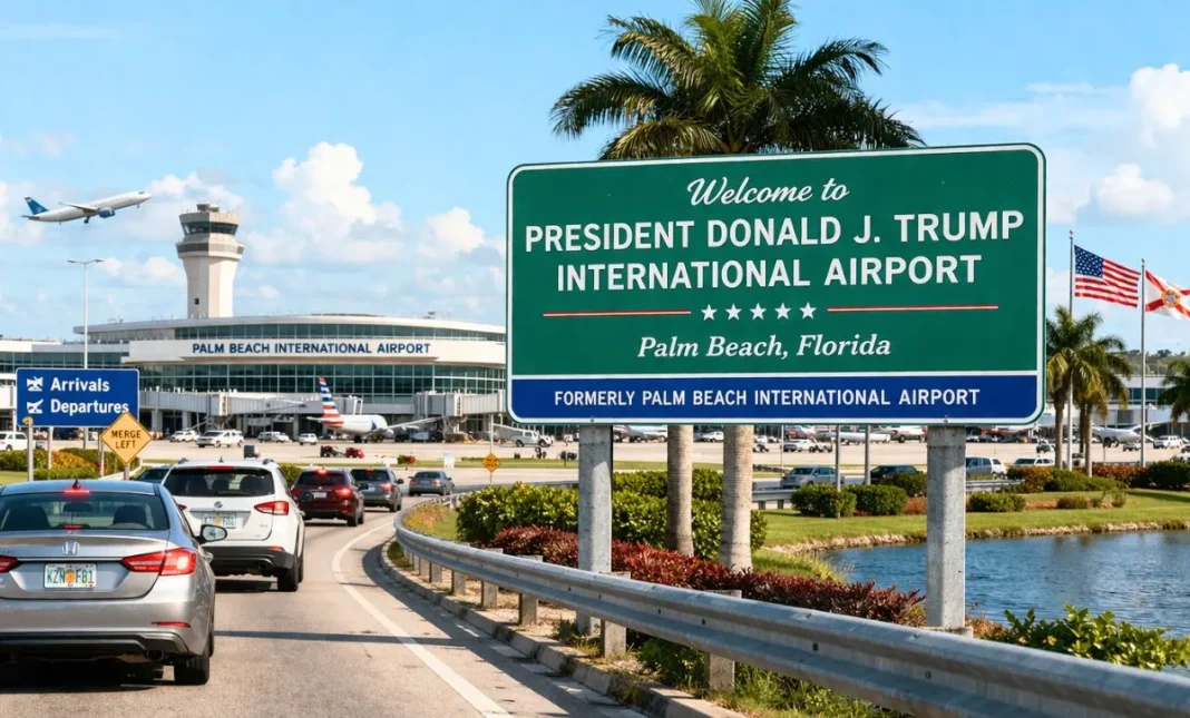 Welcome sign for President Donald J. Trump International Airport in Palm Beach, Florida, following the airport's official renaming.