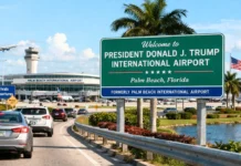 Trump International Airport Opens in Palm Beach Following Official Renaming Welcome sign for President Donald J. Trump International Airport in Palm Beach, Florida, following the airport's official renaming.