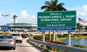 Welcome sign for President Donald J. Trump International Airport in Palm Beach, Florida, following the airport's official renaming.