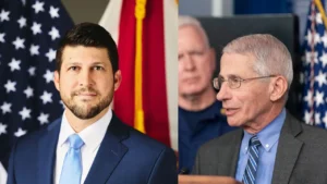Florida Attorney General James Uthmeier and Dr. Anthony Fauci in a split-image composite