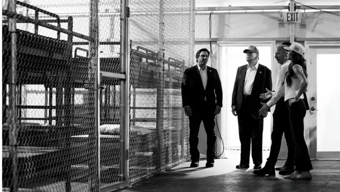 alligator-alcatraz-florida-detention-center President Donald Trump and Florida Gov. Ron DeSantis tour the Alligator Alcatraz detention facility