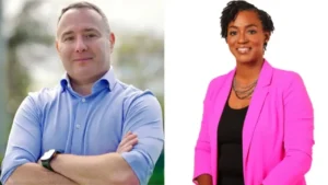 Alex Vindman, left, and Angie Nixon in the 2026 Florida Democratic U.S. Senate primary