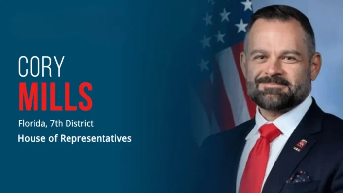 cory-mills-florida-7th-district-representative Cory Mills beside text identifying him as the representative for Florida’s 7th Congressional District.