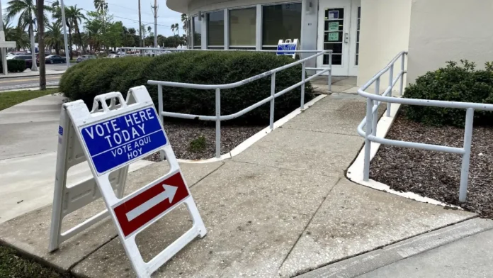 Vote Here Today sign outside a Florida polling place as early voting begins ahead of the 2026 Florida primary election.