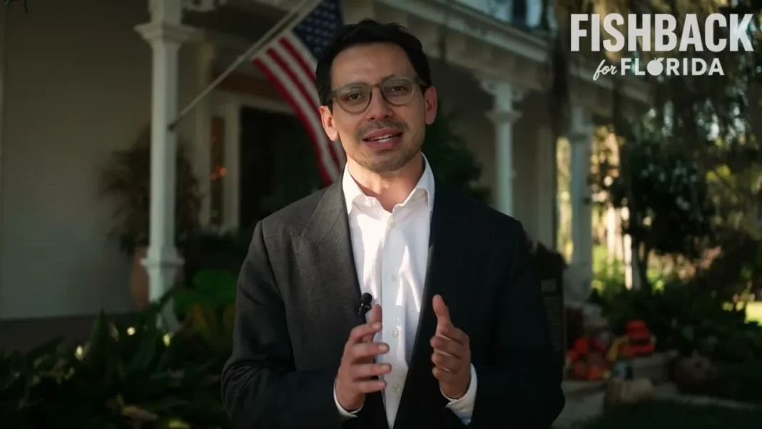 James Fishback in Fishback for Florida Campaign Video James Fishback speaks outside a home in a Fishback for Florida campaign video.