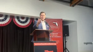 Ryan Elijah speaks during the Florida CD-7 Republican primary campaign