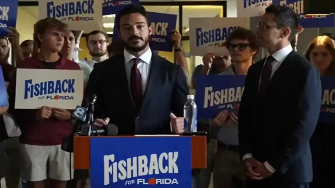 Sean Lozano speaks alongside James Fishback at a Florida gubernatorial campaign event Sean Lozano with James Fishback at a Florida gubernatorial campaign event