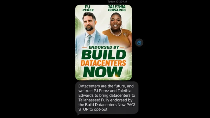 tallahassee-data-center-campaign-text Disputed data-center text featuring Tallahassee candidates PJ Perez and Talethia Edwards
