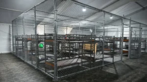 Fenced detention housing area inside Florida’s Alligator Alcatraz facility